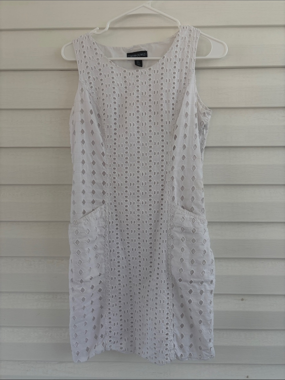 Cynthia Rowley White Eyelet Shift Dress | Sleeveless Pockets | Cottagecore